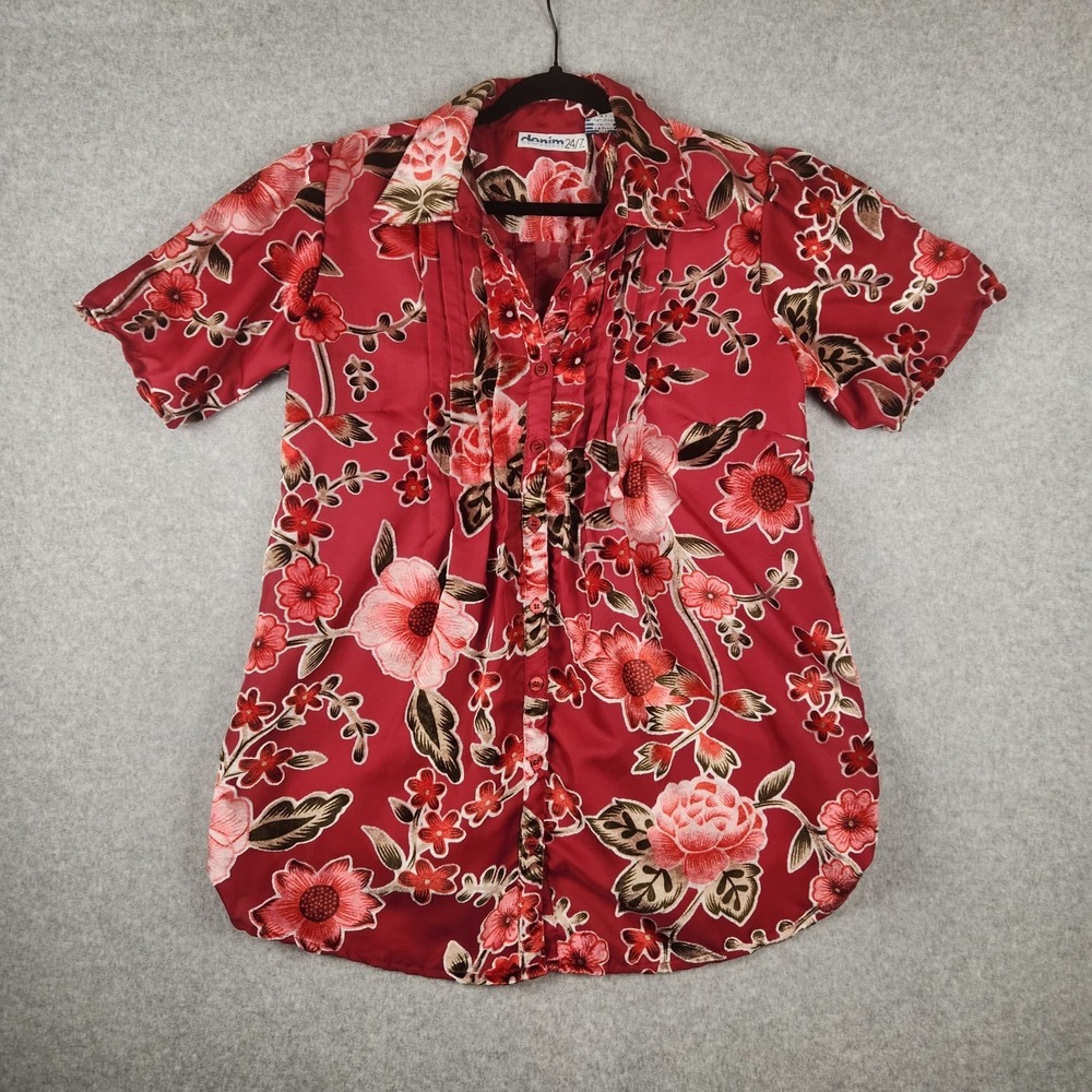 Vintage Denim 24/7 Top Womens Size 16w Red Burnout Velvet Flowers Pleated Front